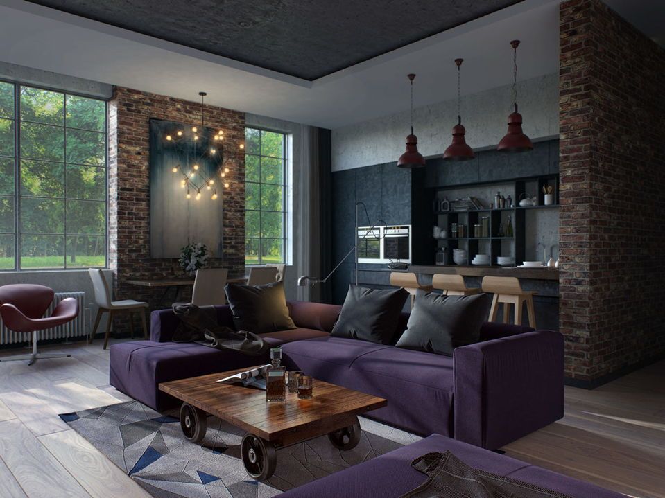 темно-фиолетовый диван в квартире лофт стиля