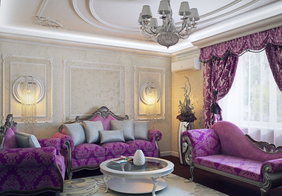 Фиолетовый диван в гостиной классического стиля